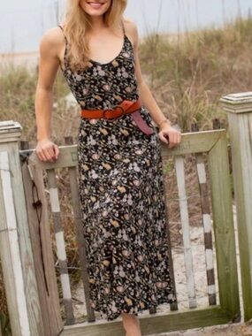 Natural Life Black Floral Maxi Dress Size L Slip Dress Spaghetti Strap preloved